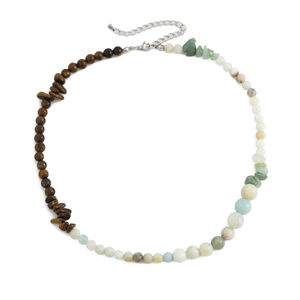 Men's hip hop natural tiger eye and turquoise beaded necklace with silver chain