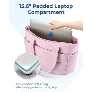 Detail of 15.6 inch padded laptop compartment with anti-collision lining in pink tote bag