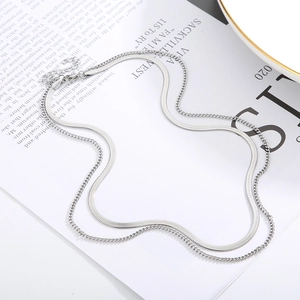 Close-up of double layered silver snake bone and link chain necklace on book