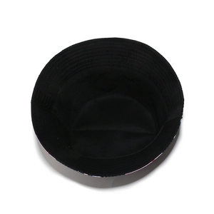 Top down interior view of black bucket hat showing stitching detail and inner structure