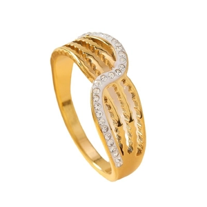 Luxe gold wave ring with multilayer cutout lines and pavé crystal clay setting