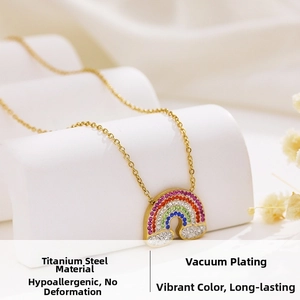 Detailed macro of a gold rainbow pendant necklace featuring vibrant multi-color crystals