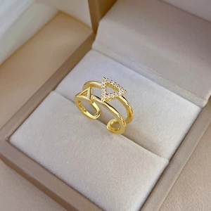 Gold plated open ring with double layer triangle design and micro-set white zircon