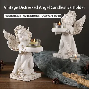 Angel Candle Holder Statue Retro Resin Distressed European Style Tabletop Decor Glass Cup Romantic Atmosphere