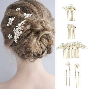 Baroque pearl hair comb and pin set in gold metal for bridal wedding accessories