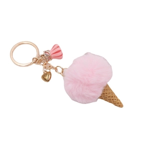 Pink and brown plush ice cream keychain with golden heart charm and a stylish tassel