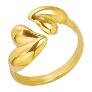 Polished gold 304 stainless steel open ring featuring a double heart adjustable design