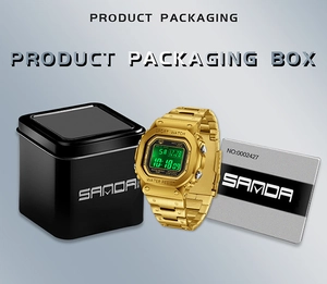 Digital sport watch in gold finish with square metal box and product warranty card