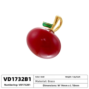 Detailed view of cherry pendant with brass stem and specifications on white background