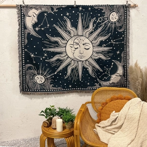 Bohemian sun and moon woven camping blanket with fringes for wall decor or picnic