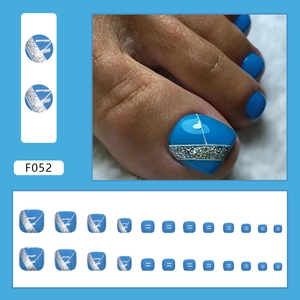 Fresh lake blue press-on toe nails with silver glitter accent in 24 pieces set pack