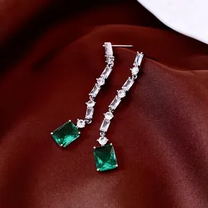 French style silver earrings with emerald cut green pendant and white cubic zirconia