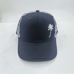 Detailed close-up of palm tree embroidery on a black mesh back baseball sun hat