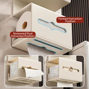 Wall-mounted cream toilet paper box with dual outlets for tissue rolls and packs