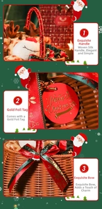 Detail of silk-wrapped handle and Merry Christmas tag on woven festive gift basket