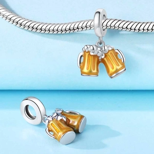 Creative beer mug charm with yellow enamel and silver bail for DIY bracelet jewelry