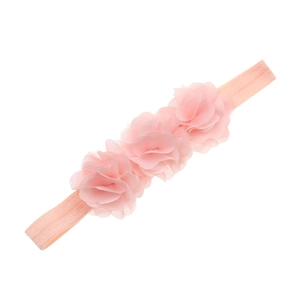 Pink chiffon floral elastic headband with three handmade soft flowers for babies