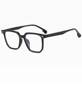 Close-up of black square optical glasses frame with polished resin finish and clear lenses
