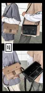 Detail of vintage square messenger bags with metal studs in khaki and black leather