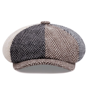 Retro patchwork tweed newsboy cap with herringbone pattern for a classic vintage look
