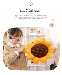 Detailed view of sunflower plush cushion featuring soft elastic velvet and rabbit fur texture