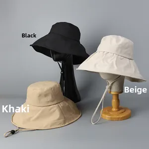 Detailed display of wide brim sun hats in black, beige and khaki with windproof chin straps