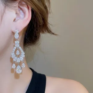 Elegant silver tassel earrings with teardrop cubic zirconia crystals on model