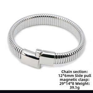 Macro view of men's stainless steel snake chain bracelet with magnetic clasp detail