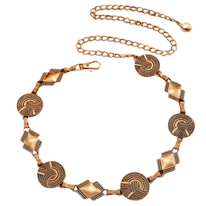 Elegant gold metal waist chain belt with vintage embossed circular and diamond patterns