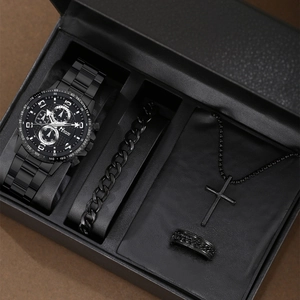 Men's fashion business gift set with black quartz watch, cross necklace, and accessories