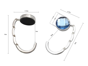 Detailed dimensions of foldable metal handbag hook with blue faceted crystal stone