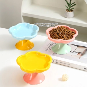 Elevated Ceramic Cat Bowl Flower Shaped Pet Feeding Dish Neck Protection Macaron Color Water Food Bowl For Cats Small Dogs