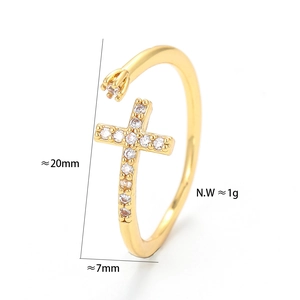 Gold-plated cross ring with sparkling zircon stones and dimensions of 20mm by 7mm