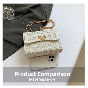 Close-up of white tweed crossbody bag with gold chain strap next to a smartphone