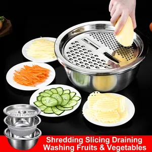 Stainless Steel Multi Functional Vegetable Grater Basin Slicer Shredder Mixing Bowl Drain Basket Kitchen Cooking Tool