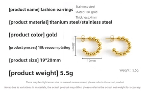 Detailed view of 18K gold plated stainless steel C-shaped earrings with 19x20mm dimensions