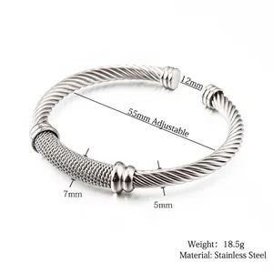 Minimalist stainless steel mesh woven C-shaped open bracelet with 18K gold plating finish