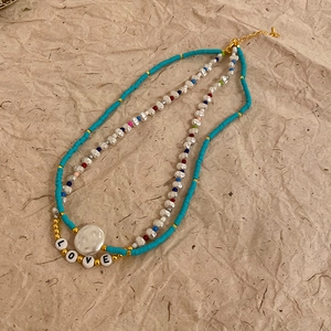 Bohemian double-layer blue bead necklace with pearls and LOVE letter charms