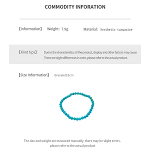Detail view of bright blue synthetic turquoise beaded bracelet with 7.9g weight info