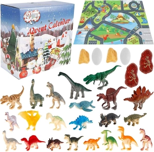 Dinosaur advent calendar set with 24-day countdown box, models, and game map