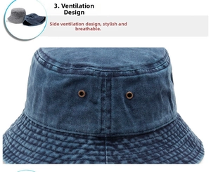 Detail of ventilation eyelets on washed blue denim bucket hat for outdoor sun protection
