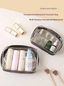 Close-up of two transparent waterproof PVC toiletry bags with brown zipper detail