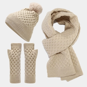 Conjunto de Gorro Bufanda Y Guantes Sin Dedos de Punto de Acrílico Grueso para Mujer Patrón de Nido de Abeja Pompon Invierno