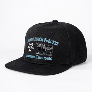 Retro black flat brim baseball cap with vintage Whiskey Ranch Feeders embroidery