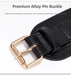 Detail of premium black leather belt featuring a polished gold-tone alloy buckle