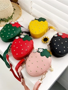 Kids Strawberry Shape Crossbody Bag PU Leather Flower Studded Cute Small Shoulder Purse For Girls Toddlers