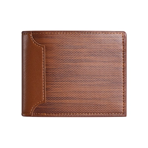 Men's short bifold leather wallet in two-tone brown patchwork design with zipper