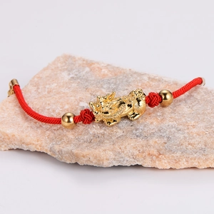 Gold Pixiu red string bracelet on natural stone for luck, Chinese knot braided jewelry