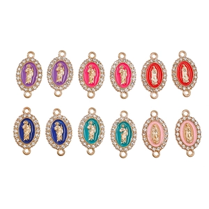 Religious oval enamel charms with gold borders and rhinestones for DIY jewelry making