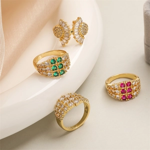Golden micro-paved zircon geometric open rings set featuring butterfly design